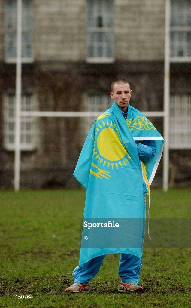 10 January 2003; Luke O'Callaghan, who plays for the Kazakhstan National Rugby team, pictured with the Kazakhstan National flag during a visit to Trinty College, Dublin. Rugby. Picture credit; David Maher / SPORTSFILE *EDI*