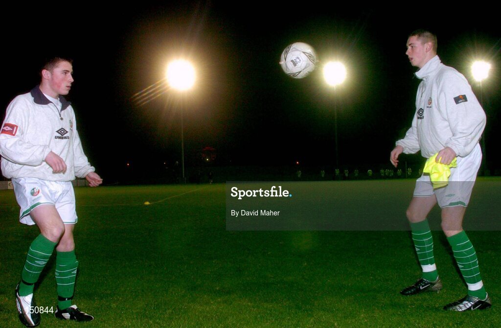 2 February 2004; Ireland U-15's David Connolly, left, and Gary Breen, practice their skills before the start of the game. Ireland U-15 v Wales U-15, Whitehall, Dublin. Picture credit; David Maher / SPORTSFILE