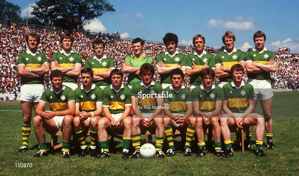 1 July 1984; The Kerry team, back row, from left, Jack O'Shea, Tom Spillane, Mikey Sheehy, Charlie Nelligan, Willie Maher, Ger Lynch, Pat Spillane and Sean Walsh, with, front, from left, Eoin Liston, Tommy Doyle, Paidi O'Se, Ambrose O'Donovan, Ger Power, Mick Spillane and John Kennedy ahead of the Munster Football Final match between Kerry and Cork at Fitzgerald Stadium in Killarney, Kerry. Photo by Ray McManus/Sportsfile