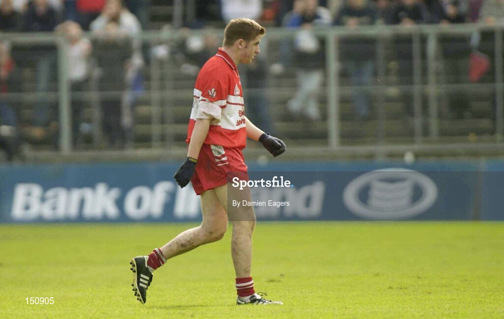 18 May 2003; Derry's Conleth Gilligan walks off after receiving a red card. Bank of Ireland Ulster Senior Football Championship, Tyrone v Derry, St. Tighearnach's Park, Clones, Co. Monaghan. Picture credit; Damien Eagers / SPORTSFILE