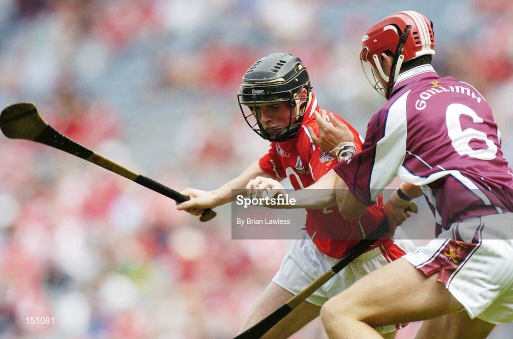 15 August 2004; Brendan Ring, Cork, in action against John Lee, Galway. Minor Hurling Championship Semi-Final, Galway v Cork, Croke Park, Dublin. Picture credit; Brian Lawless / SPORTSFILE