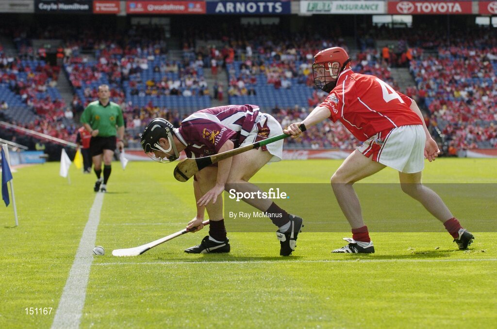 15 August 2004; Kerril Wade, Galway, in action against Mark McCarthy, Cork. Minor Hurling Championship Semi-Final, Galway v Cork, Croke Park, Dublin. Picture credit; Ray McManus / SPORTSFILE