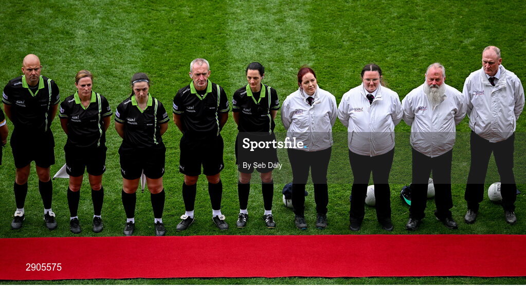 4 August 2024; Match officials and umpires before the TG4 All-Ireland Ladies Football Senior Championship final match between Galway and Kerry at Croke Park, Dublin. Photo by Seb Daly/Sportsfile