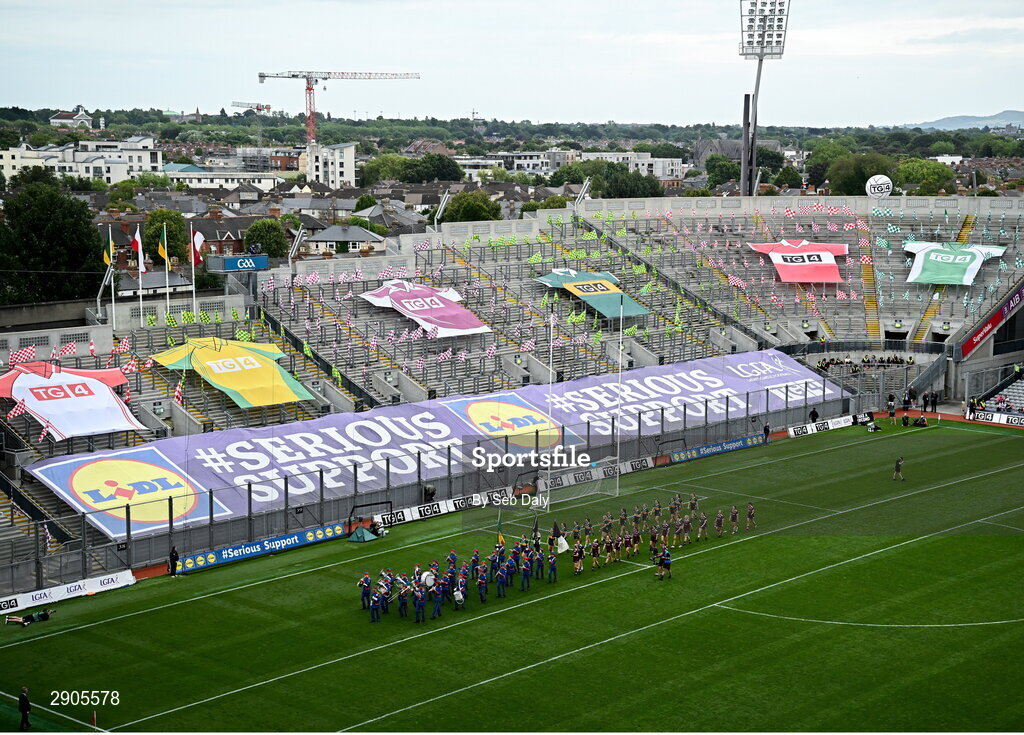 4 August 2024; Kerry and Galway players parade behind the Artane Band before the TG4 All-Ireland Ladies Football Senior Championship final match between Galway and Kerry at Croke Park, Dublin. Photo by Seb Daly/Sportsfile