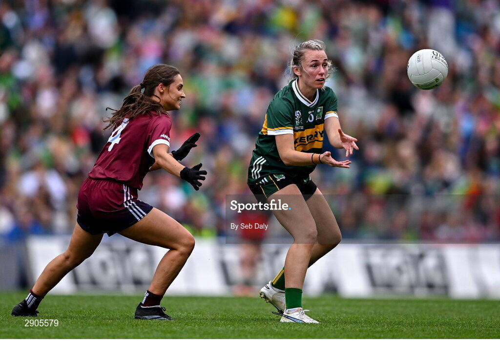 4 August 2024; Niamh Carmody of Kerry in action against Kate Geraghty of Galway during the TG4 All-Ireland Ladies Football Senior Championship final match between Galway and Kerry at Croke Park, Dublin. Photo by Seb Daly/Sportsfile