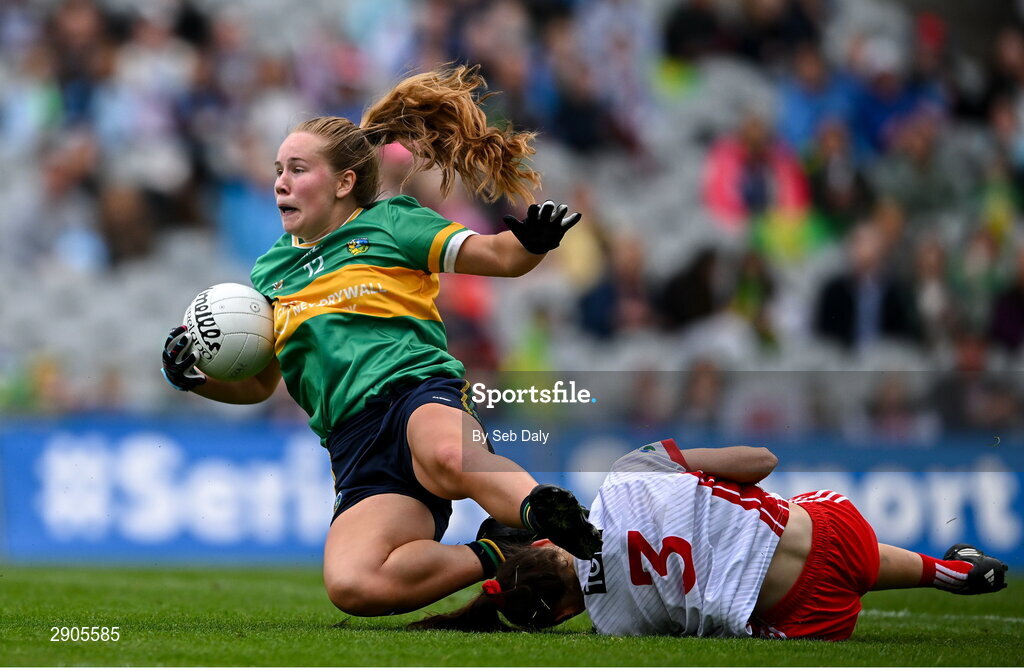 4 August 2024; Muireann Devaney of Leitrim is tackled by Jayne Lyons of Tyrone during the TG4 All-Ireland Ladies Football Intermediate Championship final match between Leitrim and Tyrone at Croke Park in Dublin. Photo by Seb Daly/Sportsfile