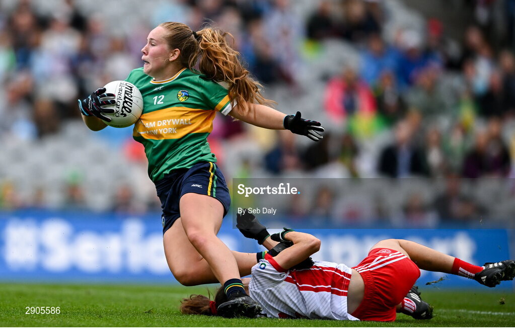 4 August 2024; Muireann Devaney of Leitrim is tackled by Jayne Lyons of Tyrone during the TG4 All-Ireland Ladies Football Intermediate Championship final match between Leitrim and Tyrone at Croke Park in Dublin. Photo by Seb Daly/Sportsfile