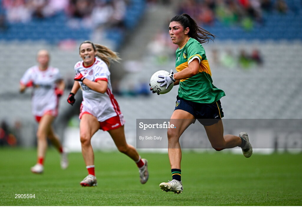 4 August 2024; Laura O'Dowd of Leitrim during the TG4 All-Ireland Ladies Football Intermediate Championship final match between Leitrim and Tyrone at Croke Park in Dublin. Photo by Seb Daly/Sportsfile