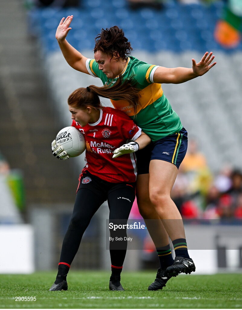 4 August 2024; Tyrone goalkeeper Amelia Coyle in action against Michelle Guckian of Leitrim during the TG4 All-Ireland Ladies Football Intermediate Championship final match between Leitrim and Tyrone at Croke Park in Dublin. Photo by Seb Daly/Sportsfile