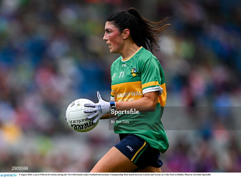 4 August 2024; Laura O'Dowd of Leitrim during the TG4 All-Ireland Ladies Football Intermediate Championship final match between Leitrim and Tyrone at Croke Park in Dublin. Photo by Seb Daly/Sportsfile
