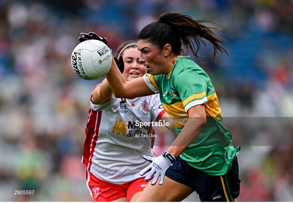 4 August 2024; Laura O'Dowd of Leitrim in action against Meabh Corrigan of Tyrone during the TG4 All-Ireland Ladies Football Intermediate Championship final match between Leitrim and Tyrone at Croke Park in Dublin. Photo by Seb Daly/Sportsfile