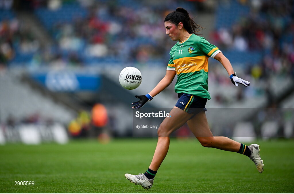 4 August 2024; Laura O'Dowd of Leitrim during the TG4 All-Ireland Ladies Football Intermediate Championship final match between Leitrim and Tyrone at Croke Park in Dublin. Photo by Seb Daly/Sportsfile