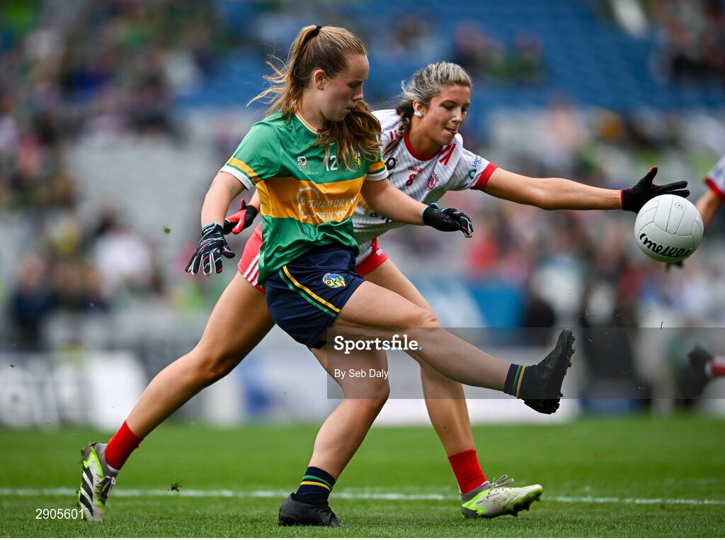 4 August 2024; Muireann Devaney of Leitrim in action against Aoibhinn McHugh of Tyrone during the TG4 All-Ireland Ladies Football Intermediate Championship final match between Leitrim and Tyrone at Croke Park in Dublin. Photo by Seb Daly/Sportsfile