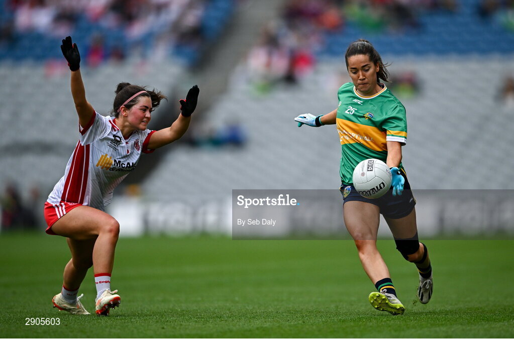 4 August 2024; Leah Fox of Leitrim in action against Meabh Corrigan of Tyrone during the TG4 All-Ireland Ladies Football Intermediate Championship final match between Leitrim and Tyrone at Croke Park in Dublin. Photo by Seb Daly/Sportsfile