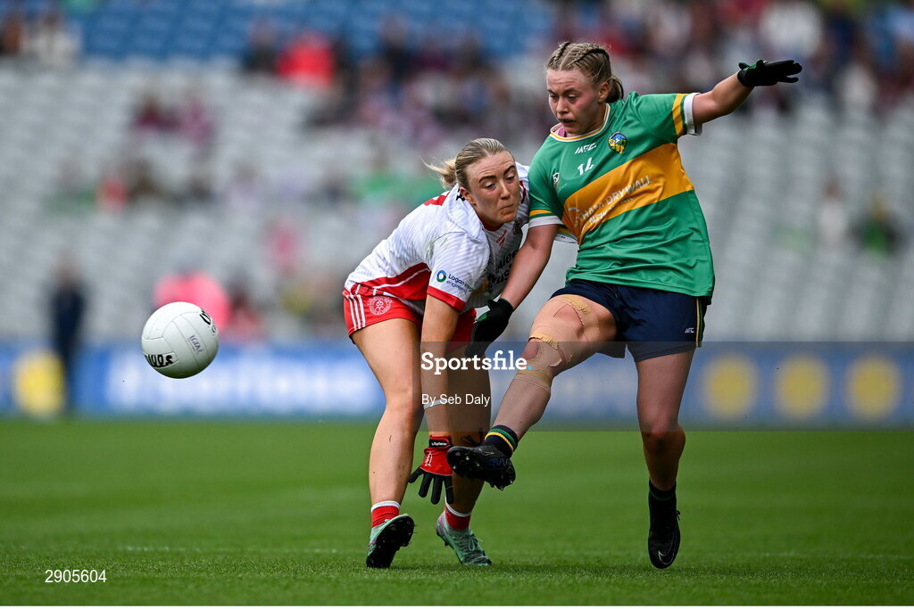 4 August 2024; Síomha Quinn of Leitrim in action against Caitlin Campbell of Tyrone during the TG4 All-Ireland Ladies Football Intermediate Championship final match between Leitrim and Tyrone at Croke Park in Dublin. Photo by Seb Daly/Sportsfile
