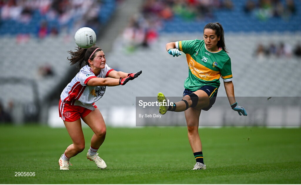 4 August 2024; Leah Fox of Leitrim in action against Meabh Corrigan of Tyrone during the TG4 All-Ireland Ladies Football Intermediate Championship final match between Leitrim and Tyrone at Croke Park in Dublin. Photo by Seb Daly/Sportsfile