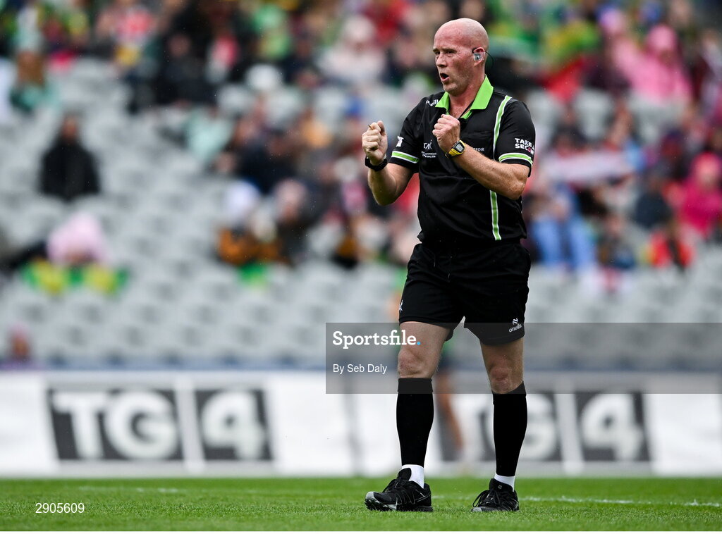 4 August 2024; Referee Barry Redmond during the TG4 All-Ireland Ladies Football Intermediate Championship final match between Leitrim and Tyrone at Croke Park in Dublin. Photo by Seb Daly/Sportsfile