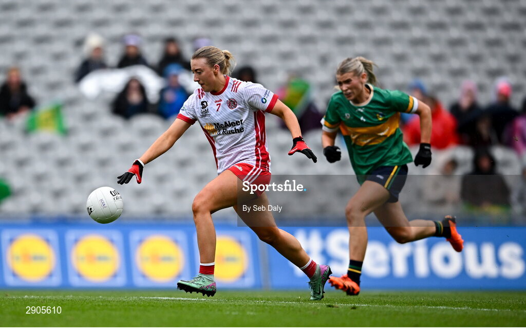 4 August 2024; Caitlin Campbell of Tyrone in action against Kasey Bruen of Leitrim during the TG4 All-Ireland Ladies Football Intermediate Championship final match between Leitrim and Tyrone at Croke Park in Dublin. Photo by Seb Daly/Sportsfile