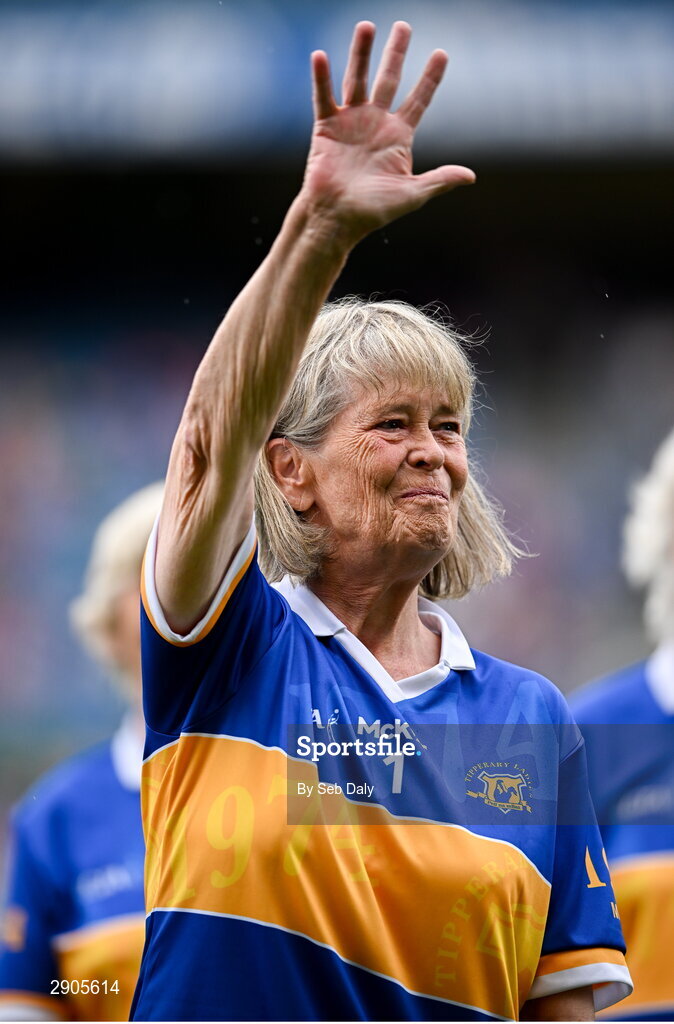 4 August 2024; Margaret Carroll, from Ardfinnan, of the Tipperary team of 1974, who won the first All-Ireland Ladies Senior Football Championship final, during the TG4 All-Ireland Ladies Football Intermediate Championship final match between Leitrim and Tyrone at Croke Park in Dublin. Photo by Seb Daly/Sportsfile