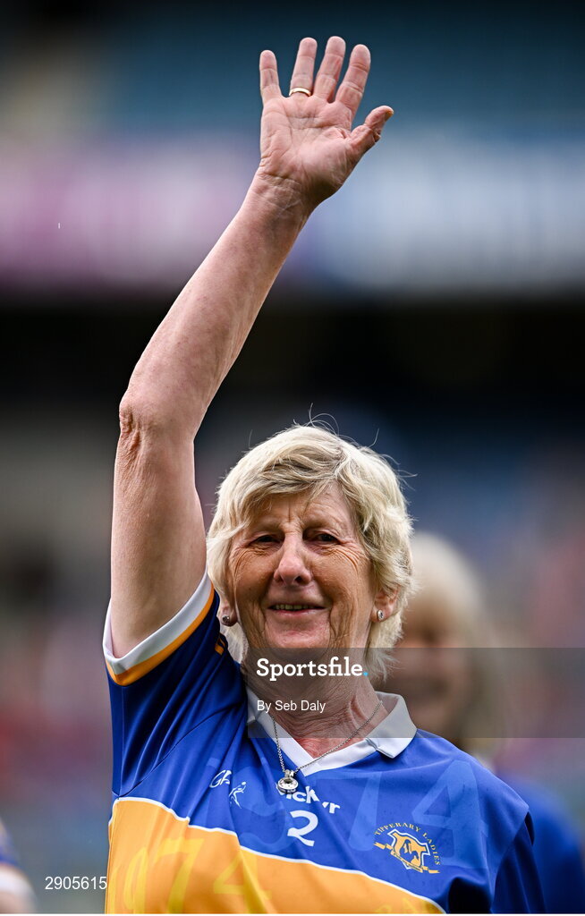 4 August 2024; Sally Clohessy, from Moycarkey, of the Tipperary team of 1974, who won the first All-Ireland Ladies Senior Football Championship final, during the TG4 All-Ireland Ladies Football Intermediate Championship final match between Leitrim and Tyrone at Croke Park in Dublin. Photo by Seb Daly/Sportsfile