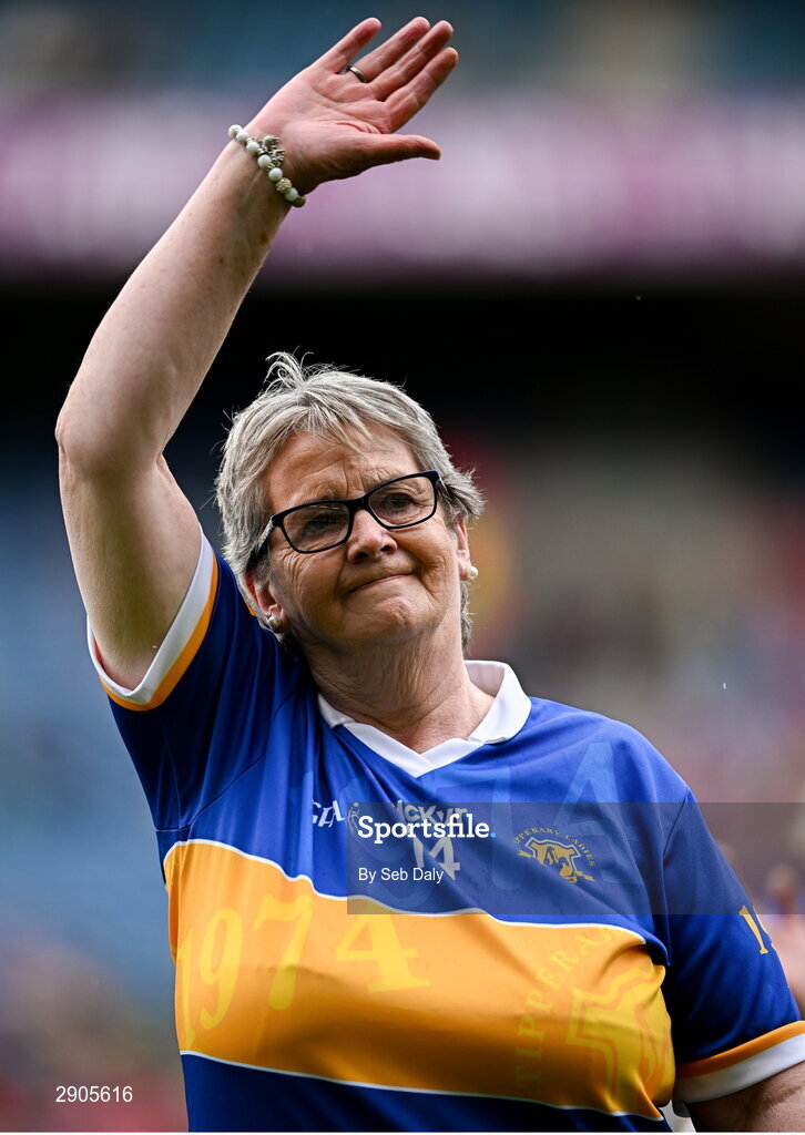 4 August 2024; Kitty Ryan Savage, from Ardfinnan, of the Tipperary team of 1974, who won the first All-Ireland Ladies Senior Football Championship final, during the TG4 All-Ireland Ladies Football Intermediate Championship final match between Leitrim and Tyrone at Croke Park in Dublin. Photo by Seb Daly/Sportsfile
