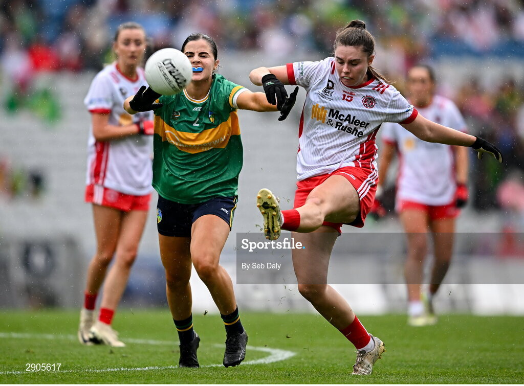 4 August 2024; Maria Canavan of Tyrone in action against Eimear Quigley of Leitrim during the TG4 All-Ireland Ladies Football Intermediate Championship final match between Leitrim and Tyrone at Croke Park in Dublin. Photo by Seb Daly/Sportsfile