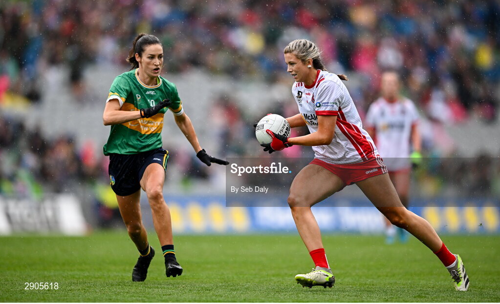 4 August 2024; Aoibhinn McHugh of Tyrone in action against Orla Flynn of Leitrim during the TG4 All-Ireland Ladies Football Intermediate Championship final match between Leitrim and Tyrone at Croke Park in Dublin. Photo by Seb Daly/Sportsfile