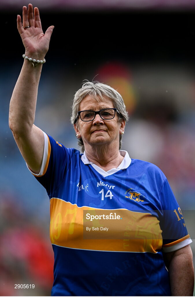 4 August 2024; Kitty Ryan Savage, from Ardfinnan, of the Tipperary team of 1974, who won the first All-Ireland Ladies Senior Football Championship final, during the TG4 All-Ireland Ladies Football Intermediate Championship final match between Leitrim and Tyrone at Croke Park in Dublin. Photo by Seb Daly/Sportsfile