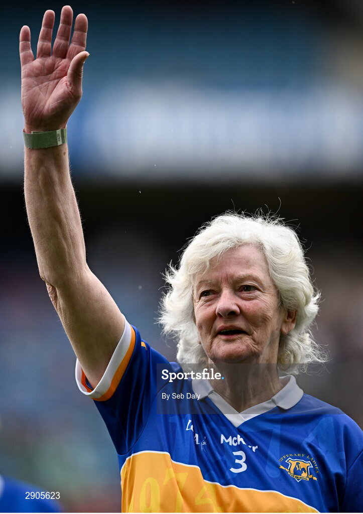 4 August 2024; Ann Croke, from Mullinahone, of the Tipperary team of 1974, who won the first All-Ireland Ladies Senior Football Championship final, during the TG4 All-Ireland Ladies Football Intermediate Championship final match between Leitrim and Tyrone at Croke Park in Dublin. Photo by Seb Daly/Sportsfile