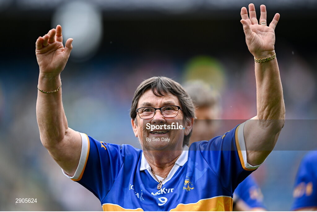 4 August 2024; Eileen Dudley, from Cashel, of the Tipperary team of 1974, who won the first All-Ireland Ladies Senior Football Championship final, during the TG4 All-Ireland Ladies Football Intermediate Championship final match between Leitrim and Tyrone at Croke Park in Dublin. Photo by Seb Daly/Sportsfile