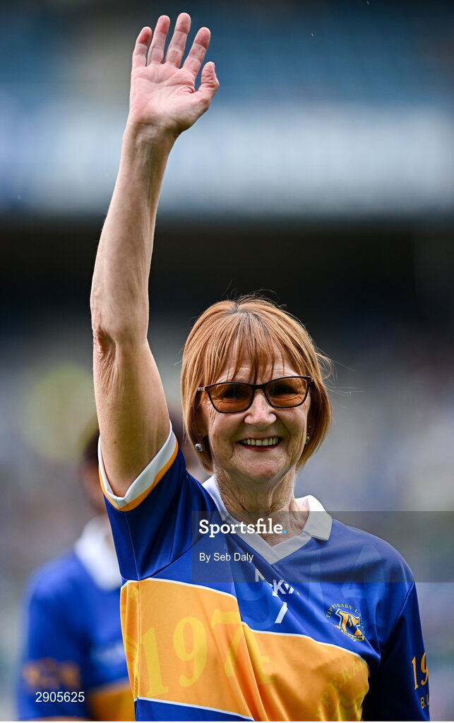 4 August 2024; Betty Luby, from Golden in West Tipperary, of the Tipperary team of 1974, who won the first All-Ireland Ladies Senior Football Championship final, during the TG4 All-Ireland Ladies Football Intermediate Championship final match between Leitrim and Tyrone at Croke Park in Dublin. Photo by Seb Daly/Sportsfile