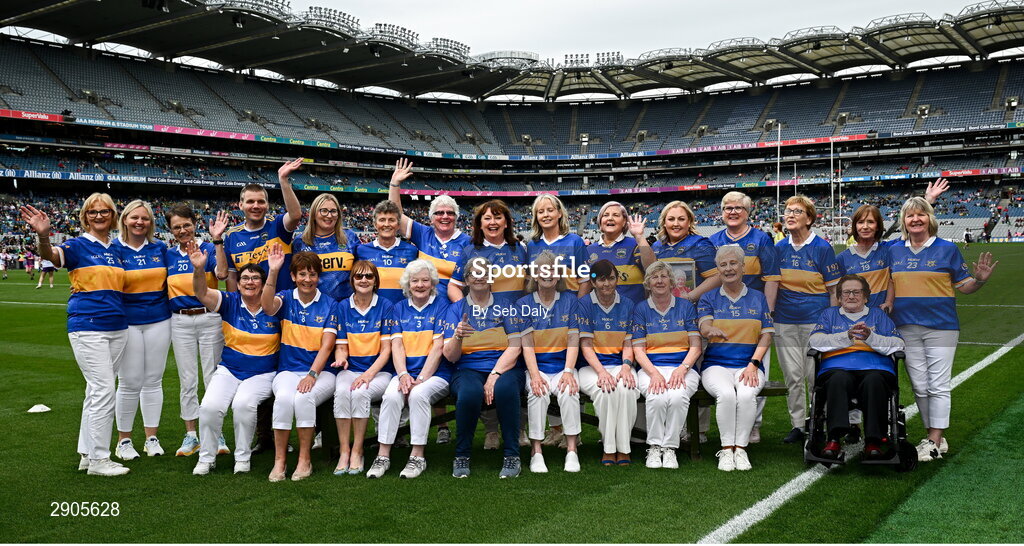 4 August 2024; Members of the Tipperary team of 1974, who won the first All-Ireland Ladies Senior Football Championship final, during the TG4 All-Ireland Ladies Football Intermediate Championship final match between Leitrim and Tyrone at Croke Park in Dublin. Photo by Seb Daly/Sportsfile