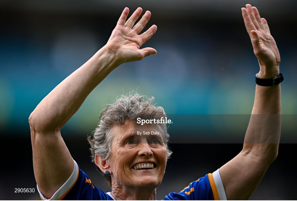 4 August 2024; Lillian Gorey, from St Brigid’s, Killurney, of the Tipperary team of 1974, who won the first All-Ireland Ladies Senior Football Championship final, during the TG4 All-Ireland Ladies Football Intermediate Championship final match between Leitrim and Tyrone at Croke Park in Dublin. Photo by Seb Daly/Sportsfile