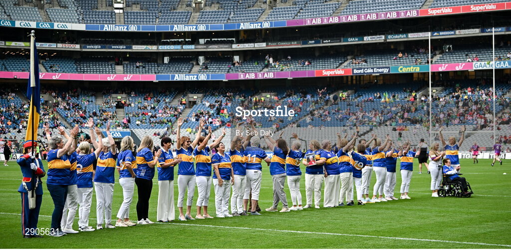 4 August 2024; Members of the Tipperary team of 1974, who won the first All-Ireland Ladies Senior Football Championship final, during the TG4 All-Ireland Ladies Football Intermediate Championship final match between Leitrim and Tyrone at Croke Park in Dublin. Photo by Seb Daly/Sportsfile
