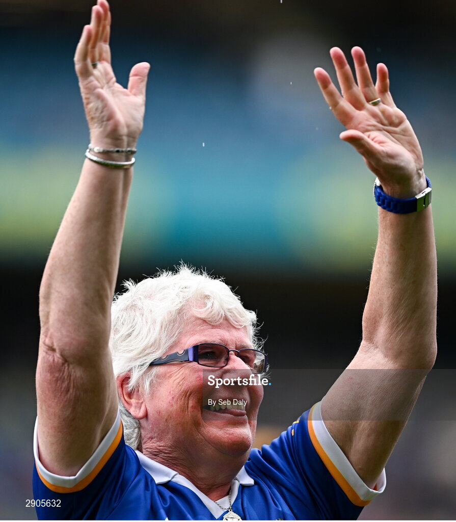 4 August 2024; Eleanor Carroll of the Tipperary team of 1974, who won the first All-Ireland Ladies Senior Football Championship final, during the TG4 All-Ireland Ladies Football Intermediate Championship final match between Leitrim and Tyrone at Croke Park in Dublin. Photo by Seb Daly/Sportsfile