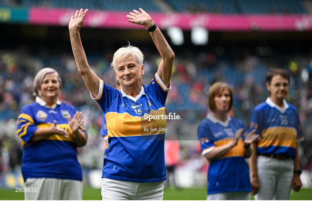 4 August 2024; Mary Power O’Shea, from Mullinahone, of the Tipperary team of 1974, who won the first All-Ireland Ladies Senior Football Championship final, during the TG4 All-Ireland Ladies Football Intermediate Championship final match between Leitrim and Tyrone at Croke Park in Dublin. Photo by Seb Daly/Sportsfile