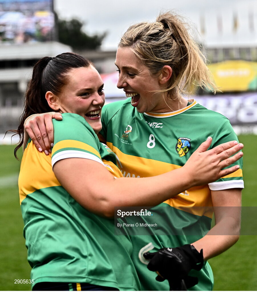4 August 2024; Leitrim players Michelle Guckian, left, and Niamh Tighe celebrate after their side's victory in the TG4 All-Ireland Ladies Football Intermediate Championship final match between Leitrim and Tyrone at Croke Park in Dublin. Photo by Piaras Ó Mídheach/Sportsfile