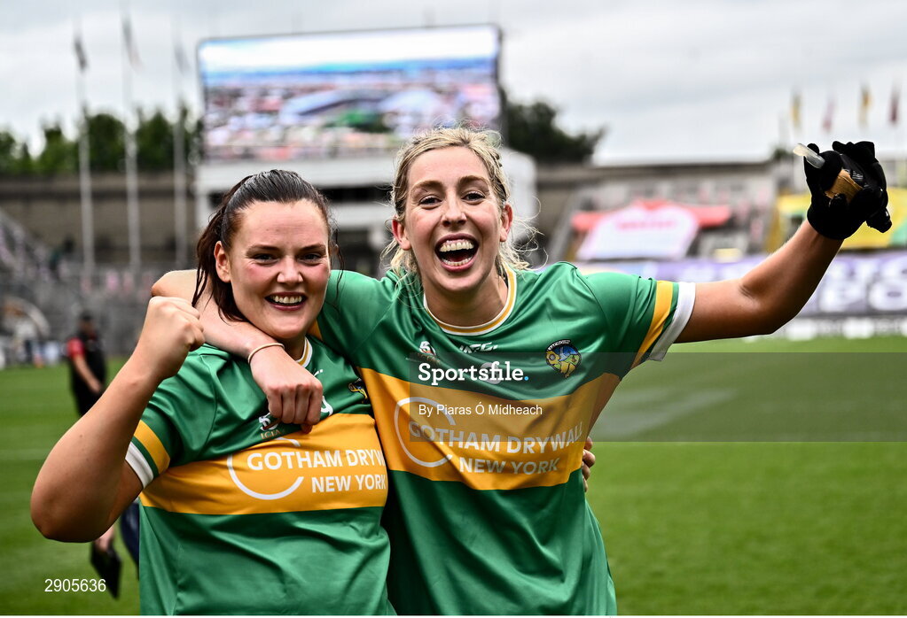 4 August 2024; Leitrim players Michelle Guckian, left, and Niamh Tighe celebrate after their side's victory in the TG4 All-Ireland Ladies Football Intermediate Championship final match between Leitrim and Tyrone at Croke Park in Dublin. Photo by Piaras Ó Mídheach/Sportsfile