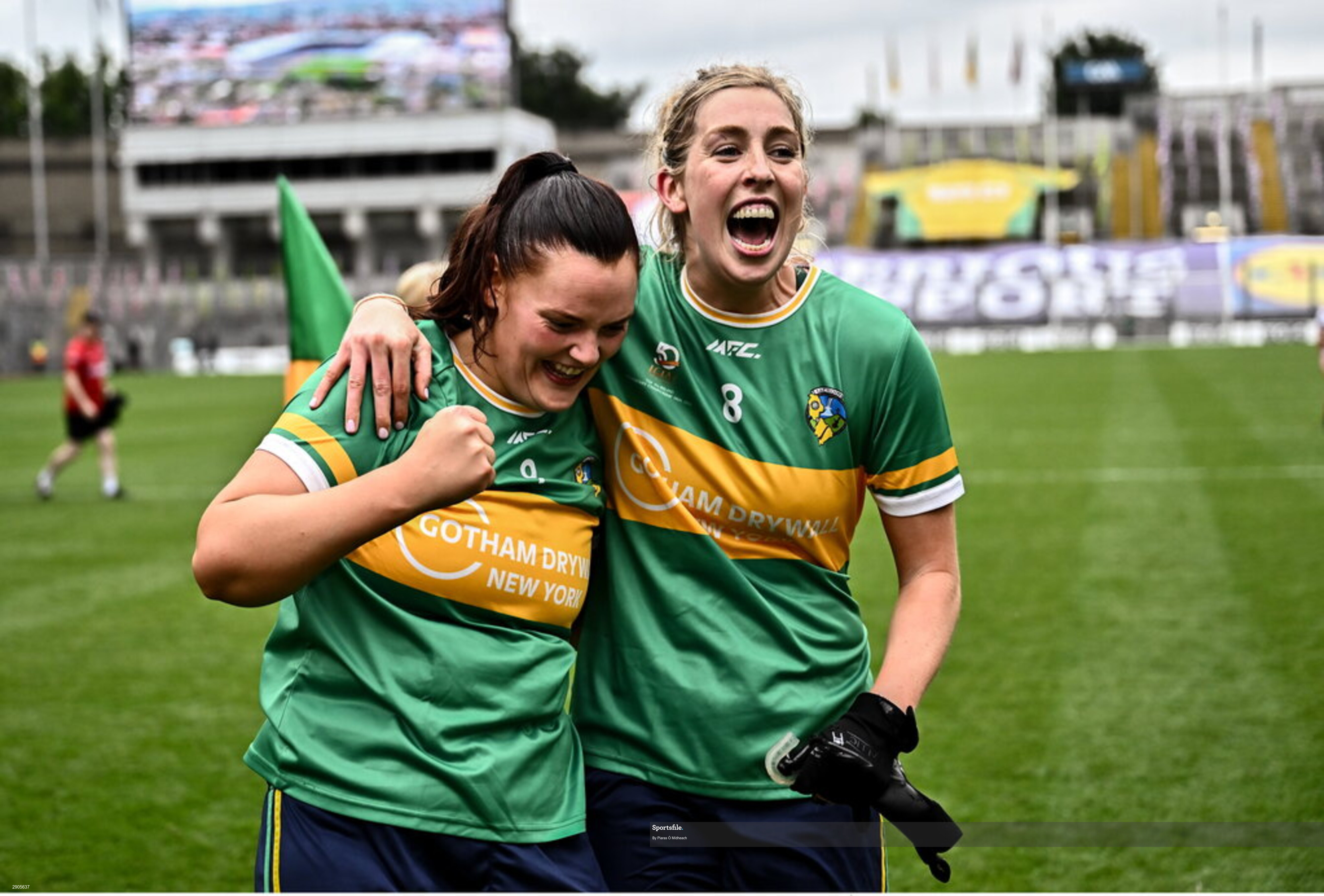 4 August 2024; Leitrim players Michelle Guckian, left, and Niamh Tighe celebrate after their side's victory in the TG4 All-Ireland Ladies Football Intermediate Championship final match between Leitrim and Tyrone at Croke Park in Dublin. Photo by Piaras Ó Mídheach/Sportsfile
