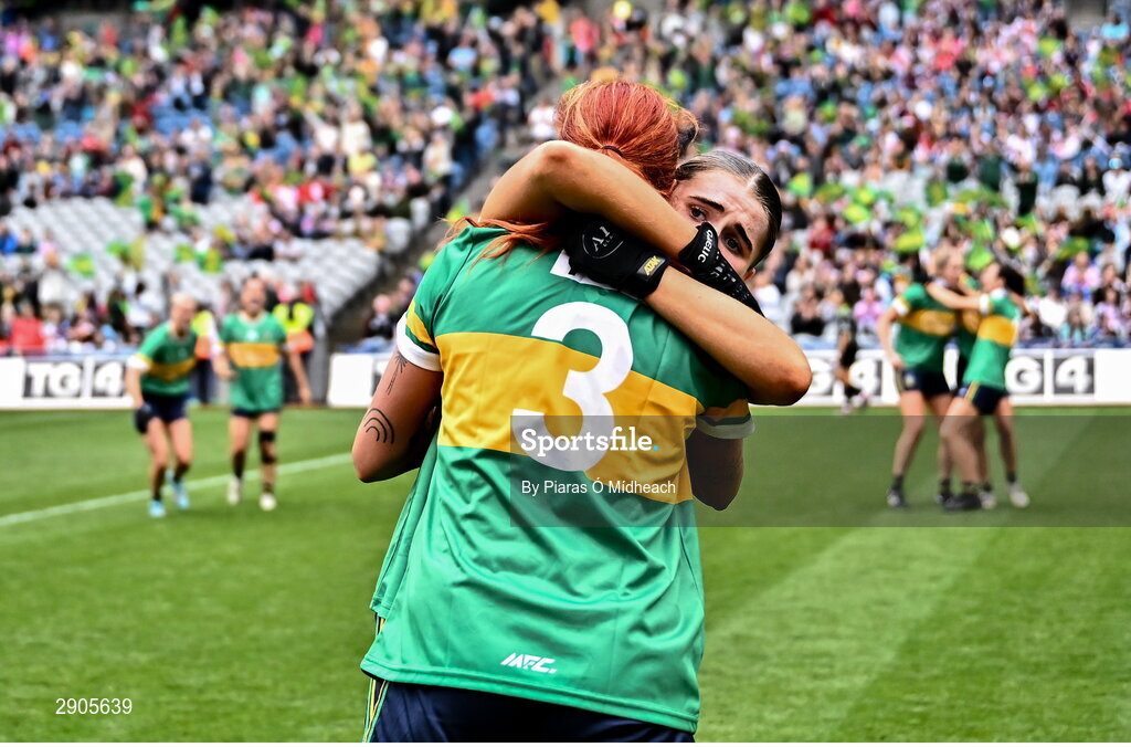 4 August 2024; Leitrim players Sarah Reynolds, behind, and Charlene Tyrrell celebrate after their side's victory in the TG4 All-Ireland Ladies Football Intermediate Championship final match between Leitrim and Tyrone at Croke Park in Dublin. Photo by Piaras Ó Mídheach/Sportsfile