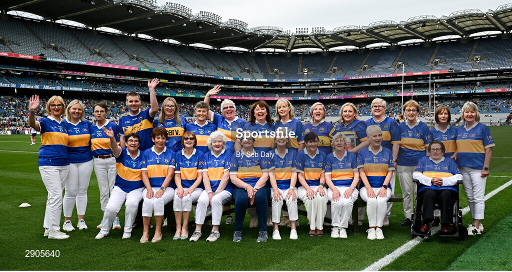 4 August 2024; Members of the Tipperary team of 1974, who won the first All-Ireland Ladies Senior Football Championship final, during the TG4 All-Ireland Ladies Football Intermediate Championship final match between Leitrim and Tyrone at Croke Park in Dublin. Photo by Seb Daly/Sportsfile