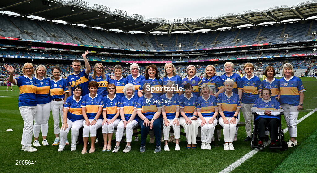 4 August 2024; Members of the Tipperary team of 1974, who won the first All-Ireland Ladies Senior Football Championship final, during the TG4 All-Ireland Ladies Football Intermediate Championship final match between Leitrim and Tyrone at Croke Park in Dublin. Photo by Seb Daly/Sportsfile
