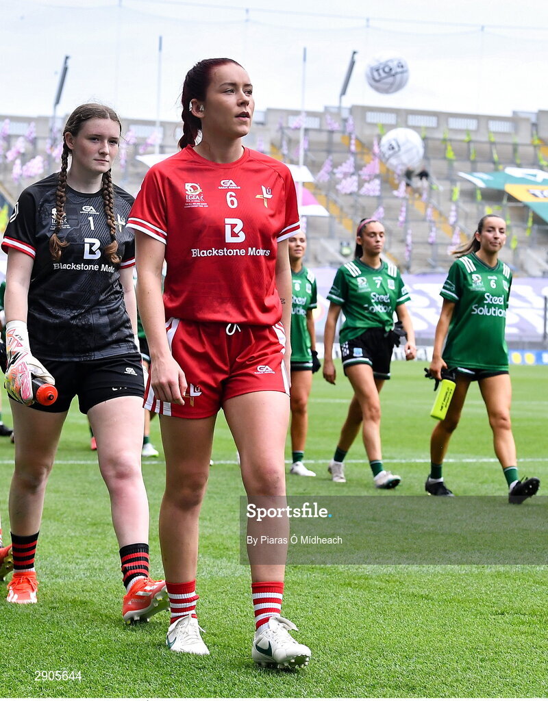 4 August 2024; Louth captain Áine Breen leads her side in the parade before the TG4 All-Ireland Ladies Football Junior Championship final match between Fermanagh and Louth at Croke Park in Dublin. Photo by Piaras Ó Mídheach/Sportsfile