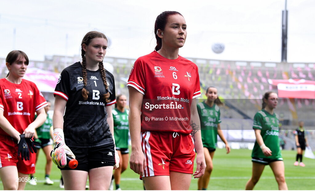 4 August 2024; Louth captain Áine Breen leads her side in the parade before the TG4 All-Ireland Ladies Football Junior Championship final match between Fermanagh and Louth at Croke Park in Dublin. Photo by Piaras Ó Mídheach/Sportsfile