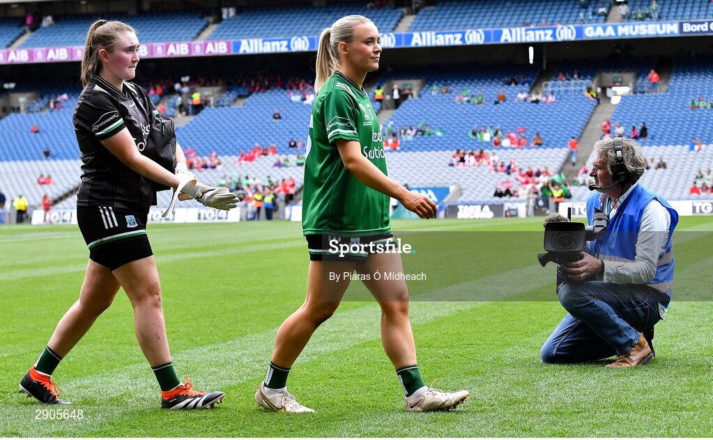 4 August 2024; Fermanagh captain Shannan McQuade, right, and Fermanagh goalkeeper Megan Maguire in the parade before the TG4 All-Ireland Ladies Football Junior Championship final match between Fermanagh and Louth at Croke Park in Dublin. Photo by Piaras Ó Mídheach/Sportsfile