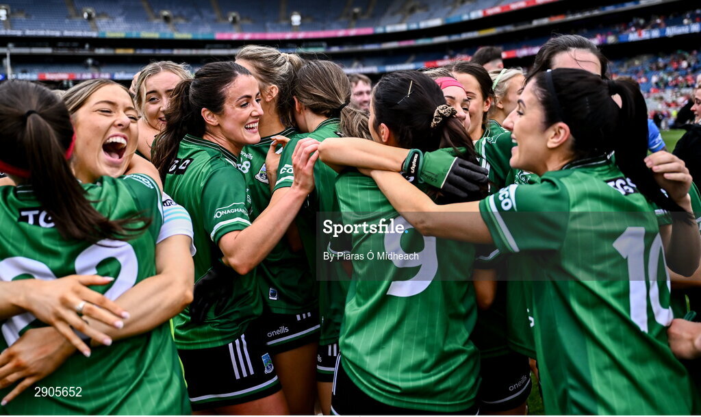 4 August 2024; Fermanagh players celebrate after their side's victory in the TG4 All-Ireland Ladies Football Junior Championship final match between Fermanagh and Louth at Croke Park in Dublin. Photo by Piaras Ó Mídheach/Sportsfile