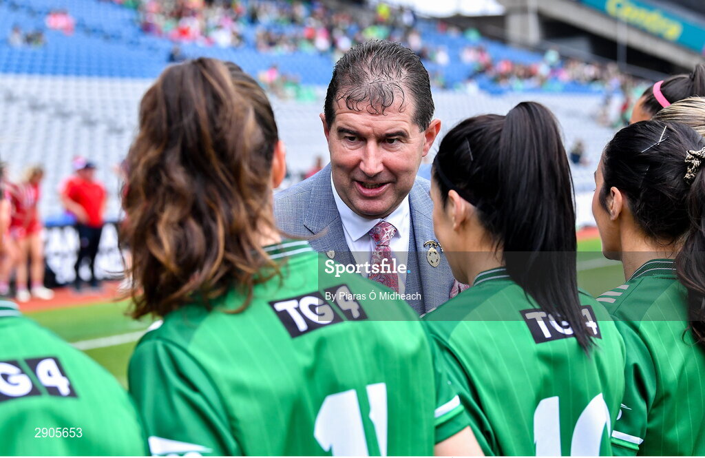 4 August 2024; Uachtarán Cumann Peil Gael na mBan Mícheál Naughton meets the Fermanagh players before the TG4 All-Ireland Ladies Football Junior Championship final match between Fermanagh and Louth at Croke Park in Dublin. Photo by Piaras Ó Mídheach/Sportsfile