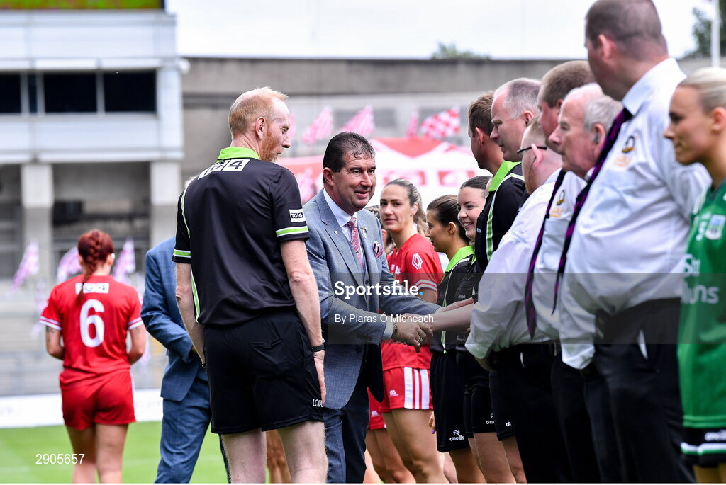 4 August 2024; Uachtarán Cumann Peil Gael na mBan Mícheál Naughton is introduced to the match officials by referee Gerard Canny before the TG4 All-Ireland Ladies Football Junior Championship final match between Fermanagh and Louth at Croke Park in Dublin. Photo by Piaras Ó Mídheach/Sportsfile