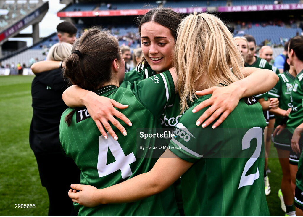 4 August 2024; Fermanagh players, from left, Eimear Keenan, Ciara Clarke and Niamh McManus celebrate after their side's victory in the TG4 All-Ireland Ladies Football Junior Championship final match between Fermanagh and Louth at Croke Park in Dublin. Photo by Piaras Ó Mídheach/Sportsfile