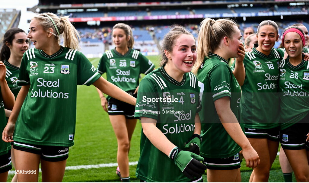 4 August 2024; Fermanagh players, including Eimear Keenan, 4, celebrate after their side's victory in the TG4 All-Ireland Ladies Football Junior Championship final match between Fermanagh and Louth at Croke Park in Dublin. Photo by Piaras Ó Mídheach/Sportsfile